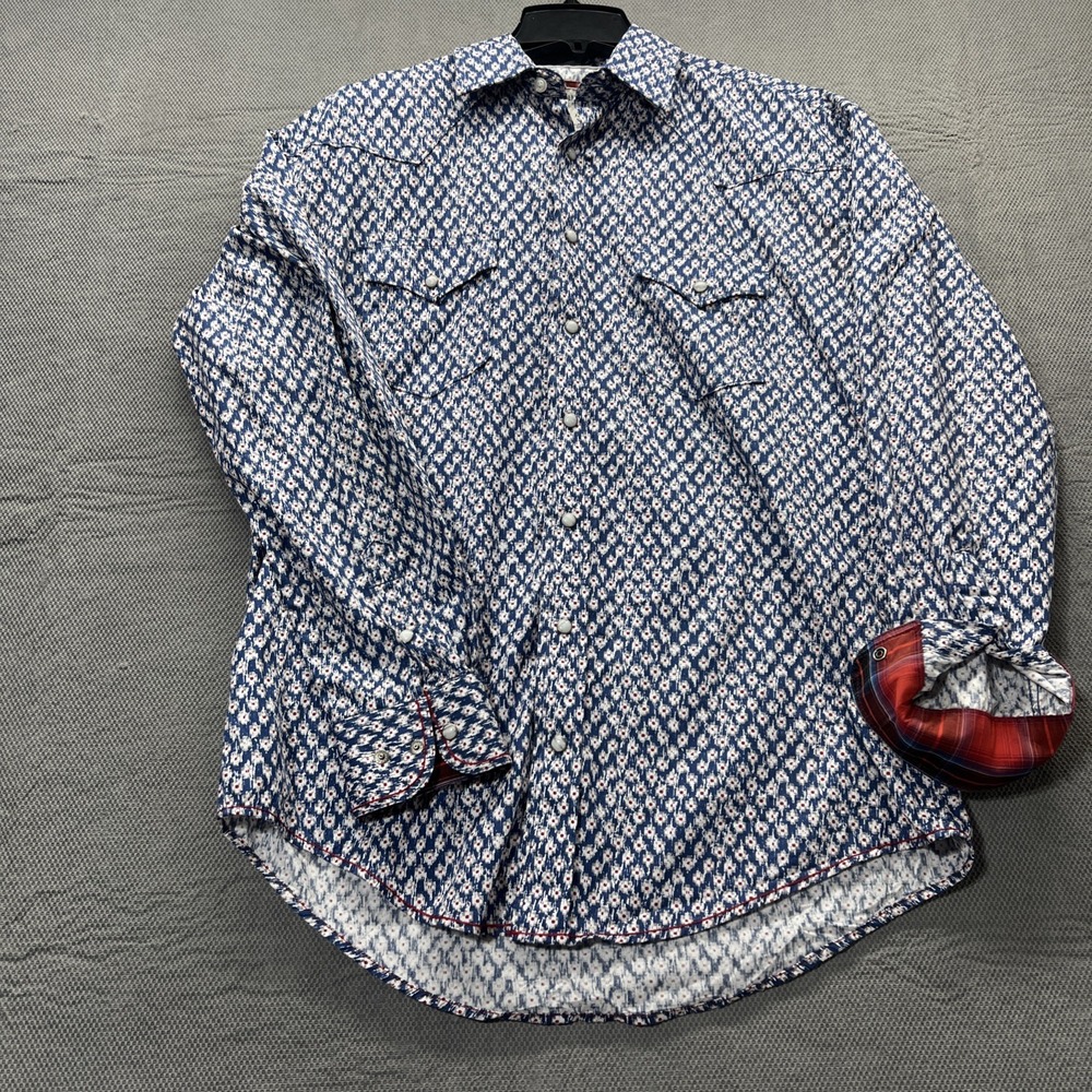 Panhandle Pearl Snap Shirt Men Medium Blue Red Western Button Long Sleeve